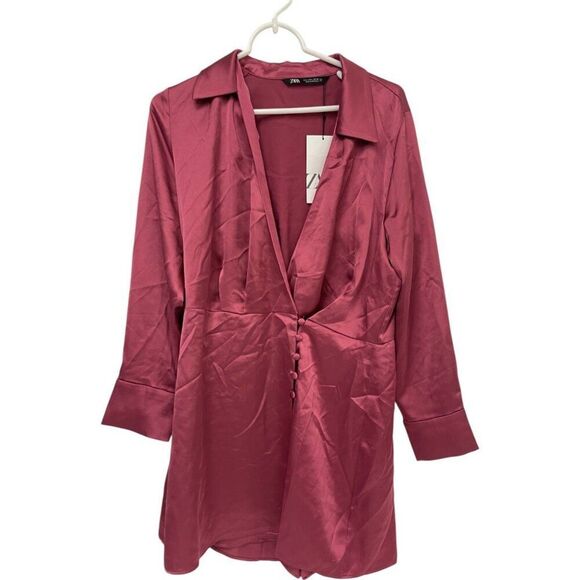 Zara Womens Mini Romper Dress L Pink Long sleeve satin effect 2231/845 NWT - Picture 2 of 16